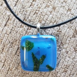 Fused glass pendant,  medium blue